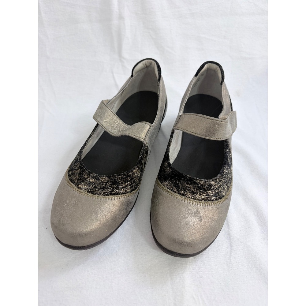 Drew Shoes Genoa Mary Jane‎ Flat Pewter Black Metallic Glitter Leather Size 7M